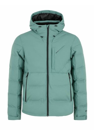 Giacca imbottita verde acqua con cappuccio, dotata di zip nere, polsini regolabili e tasca sul petto. Texture liscia e design minimalista.