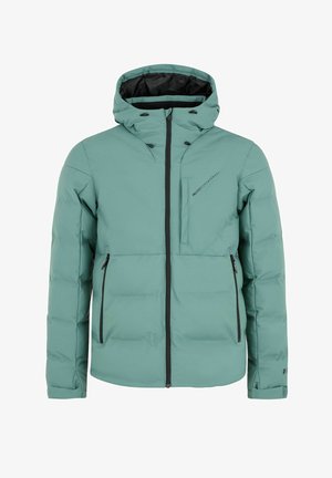 Tyrkysová prešívaná bunda s kapucňou, s čiernymi zipsami, nastaviteľnými manžetami a vreckom na hrudi. Hladká textúra a minimalistický dizajn.