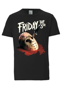 Black cotton T-shirt featuring a graphic of a hockey mask with a knife and blood splatter, with the text "FRIDAY THE 13TH" above.