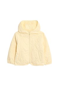 Gepolsterte, hellgelbe Jacke mit Kapuze, Frontreißverschluss und zwei Seitentaschen. Der Stoff hat eine weiche Textur und ein florales Muster.