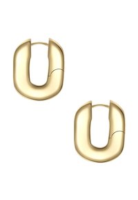 Goldene Creolen mit U-förmigem Design. Glatte, glänzende Metalloberfläche mit einem runden Scharnier. Minimalistischer und moderner Stil.