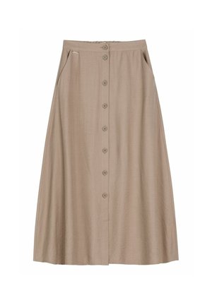 Beżowa spódnica o kroju A do połowy łydki z przodu zapinana na guziki i z bocznymi kieszeniami, wykonana z lekkiego, fakturowanego materiału.