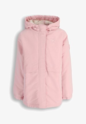 Jasnoróżowa, pikowana zimowa kurtka dziecięca z kapturem, zamkiem błyskawicznym z przodu zasłoniętym patką oraz elastycznymi mankietami.