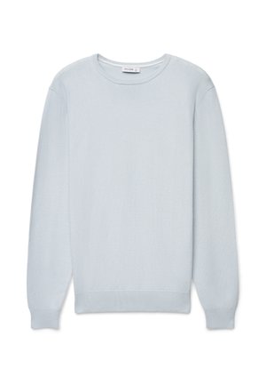 Hellblauer Pullover mit Rundhalsausschnitt und langen Ärmeln aus weichem Stoff; verfügt über gerippte Bündchen und Saum sowie ein nahtloses Schulterdesign.