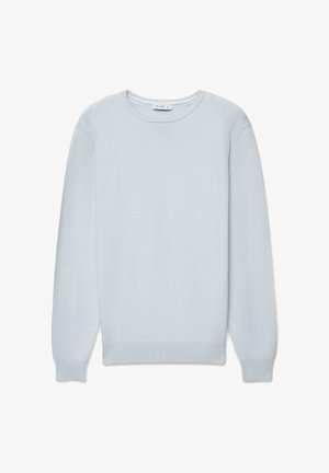 Maglione a maniche lunghe azzurro chiaro con scollo a girocollo, realizzato in tessuto morbido; presenta polsini e bordo a costine, con spalle senza cuciture.