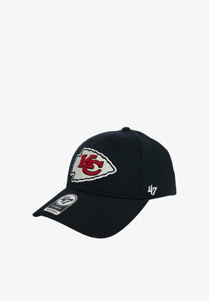 Black adjustable baseball cap featuring the Kansas City Chiefs logo in red and white on front and '47 brand stitch on side.