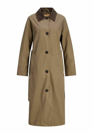 Manteau extérieur marron en tissu lisse, avec un col en velours côtelé, une fermeture à boutons sur le devant et des poches latérales. Mi-long et coupe droite.