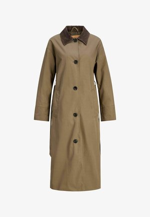 Brauner Überwurfmantel aus glattem Stoff, mit einem Cordkragen, Knopfverschluss vorne und seitlichen Taschen. Mittellang und gerade geschnitten.