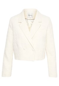 Gekürzte weiße Jacke aus einem strukturierten, gewebten Stoff. Doppelreihiges Design mit Reverskragen und zwei auffälligen Knöpfen.