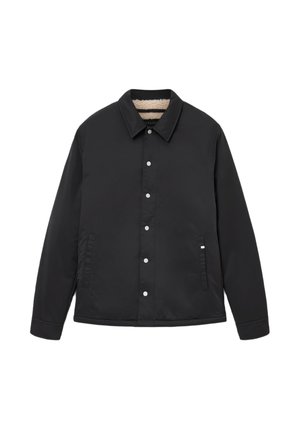 Sort jakke med en blød, beige fleeceforing. Har en krave, trykknaplukning og to sidelommer. Glat tekstur.