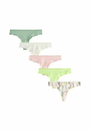Vijf paar stretch katoenen stringondergoed in lichtgroen, wit, roze, pastelgroen en een witte variant met een patroon in roze en groene accenten.