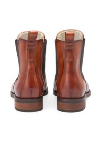 Brown leather ankle boots with dark brown panels, elastic sides, and a stacked wooden heel. Smooth finish and detailed stitching.