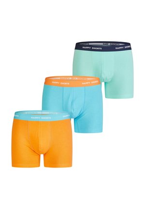 Drei Paar Boxershorts in Orange, Hellblau und Minzgrün, mit elastischen Bündchen und dem Aufdruck "HAPPY SHORTS". Aus weichem Baumwollmaterial.