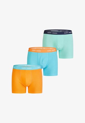 Three pairs of boxers in orange, light blue, and mint green, featuring elastic bands with "HAPPY SHORTS" text. Soft cotton material.