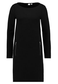 Czarna sukienka z długim rękawem, wykonana z miękkiego materiału, z okrągłym dekoltem i dwiema zapinanymi kieszeniami z przodu. Prosty krój i dopasowany fason.