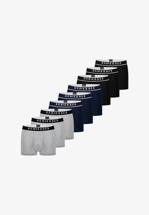Neuf lots de boxers pour hommes en gris, bleu marine et noir, chacun avec une ceinture noire portant l'inscription "SCHIESSER" en lettres blanches.