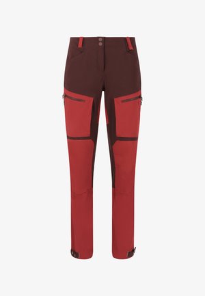 Punaiset ja ruskeat vaellushousut, joissa on vetoketjulliset taskut, vahvistetut polviosat ja säädettävät hihnat. Valmistettu kestävästä, kevyestä materiaalista.