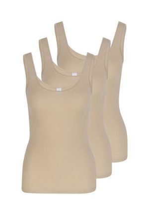 Drei beigefarbene, ärmellose, gerippte Tanktops mit rundem Ausschnitt, nebeneinander auf weißem Hintergrund angeordnet.