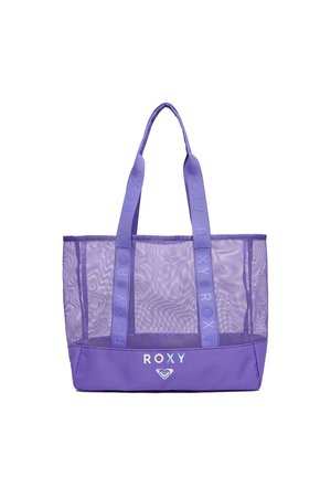 Lilla Roxy tote taske med mesh-sider, solid bund og to lange håndtag med præget "ROXY" branding i matchende lilla.