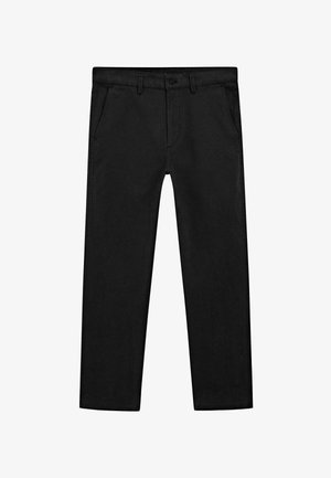 Schwarze Baumwollhose mit geradem Bein, Vorderentaschen sowie klassischem Knopfverschluss und Reißverschluss. Glatte Textur, maßgeschneiderte Passform.