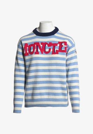 Pull rayé bleu et blanc avec col bleu foncé et texte rouge audacieux sur la poitrine, présenté sur un torse de mannequin blanc.