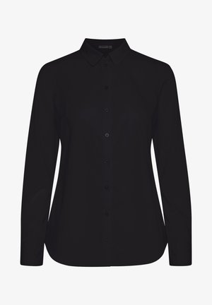 Černá dlouhá košile s dlouhým rukávem, vyrobená z hladkého materiálu, se stojáčkovým límcem, předním zapínáním na knoflíky a rovného lemu.