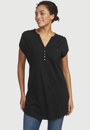 Black short-sleeve tunic top made of soft fabric, featuring a v-neckline, six-button placket, and a small chest pocket.