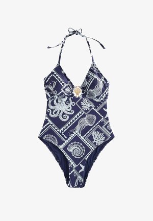 Costum de baie întreg albastru marin cu imprimeuri albe cu viață marină, inclusiv caracatiță, meduze, scoici, cu legături la gât și o închizătoare în formă de scoică în centru.