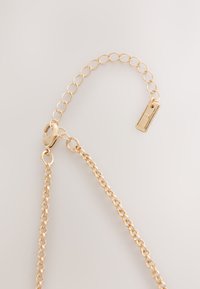 Gold chain necklace with lobster clasp and adjustable loop chain ending in a small rectangular tag on a light background.
