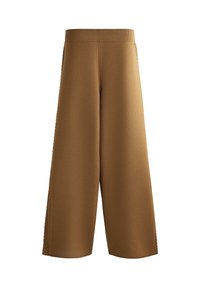 Rjave pletene hlače širokih nogavic z visokim pasom, rebrastim pasom in subtilnimi teksturiranimi detajli na zunanji strani šivov.