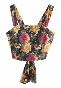 Haut court à fleurs avec bretelles épaisses, présentant un fond noir et un motif floral multicolore en rose, orange et vert. Se noue en bas.