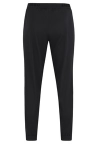 Schwarze Sporthose mit figurbetontem Design, elastischem Bund und Bündchen. Hergestellt aus leichtem Material, mit einem dezenten Logo am Bund.