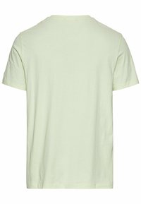 Lys grøn kortærmet t-shirt. Enkelt design, rund halsudskæring, blødt bomuldsstof, lige kant. Ingen synlige grafik eller mønstre.