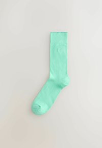 Calcetín de caña color verde menta hecho de tela suave; puño acanalado en la parte superior y textura lisa en toda la superficie. Presenta un pequeño detalle de logo.