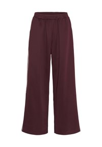 Pantaloni a gamba larga color bordeaux con vita elasticizzata e sottili strisce laterali, mostrati su sfondo bianco.
