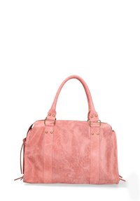 Borsa finta in pelle rosa con accessori in oro, due manici corti, un corpo spazioso e una superficie leggermente strutturata. Presenta frange laterali.