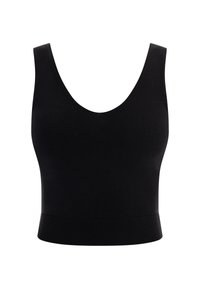 Musta ribbejä crop-top, jossa on leveä V-pääntie ja leveät olkaimet. Sujuva pinta ja tiukasti istuva muotoilu, jossa on tiukka helmaliuska.