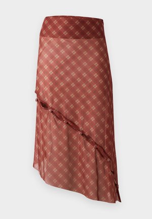 Reddish skirt with a diagonal hemline, featuring a plaid pattern in lighter tones, accented with button details along the edge.