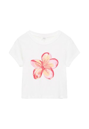 T-shirt blanc à manches courtes pour tout-petit avec un grand motif fleur rose et orange centré sur le devant.