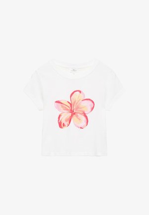 Weißes kurzärmeliges Kleinkind-T-Shirt mit großem rosa-orangem Blumenmotiv, mittig auf der Vorderseite.