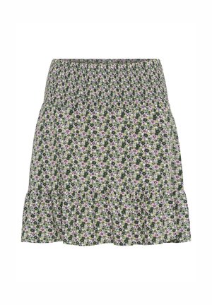 Jupe fleurie verte avec de petites fleurs roses et blanches, taille smockée et ourlet à volants.