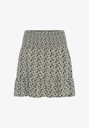 Zöld virágmintás szoknya, rózsaszín és fehér apró virágokkal, gumírozott derékrésszel és fodros szegéllyel.