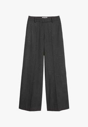 Weite Hose aus dunkelgrauem Stoff. Verfügt über einen maßgeschneiderten Bund mit Gürtelschlaufen, glatter Textur und minimalen Nähakzenten.