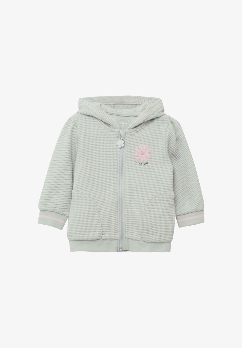 Hellgrauer Kapuzenpullover mit Reißverschluss und strukturiertem Stoff. Mit einem Blumendesign, Kängurutaschen und elastischen Bündchen mit rosa Akzenten.