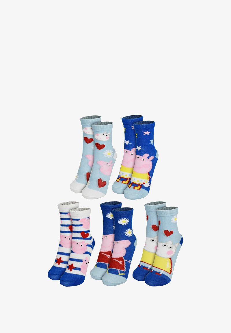 Set di sei paia di calzini per bambini in diverse tonalità di blu e colori chiari. Presentano motivi di maialini dei cartoni animati, cuori e stelle. Materiale in cotone.
