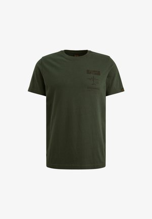 Zelena bombažna majica s krožnim ovratnikom, kratkimi rokavi in sprednjim grafičnim dizajnom, ki vključuje besedilo in ilustracijo letala.