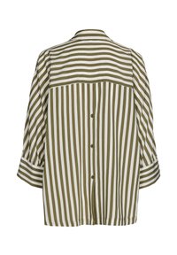 Striped shirt in olive green and white. Button-down back, roll-up sleeves, relaxed fit, and a yoke panel. Soft fabric texture.