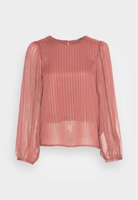Blusa transparente de color rosa empolvado con rayas verticales doradas, escote redondeado y largas mangas abullonadas con puños elásticos. Cierre de botón en la parte posterior.