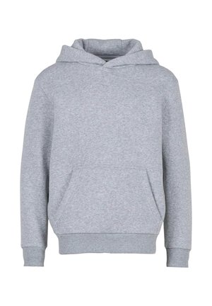 Lichtgrijze pullover hoodie met een kangaroozak aan de voorkant, ribbelboorden en een ribbelrand, weergegeven op een witte achtergrond.