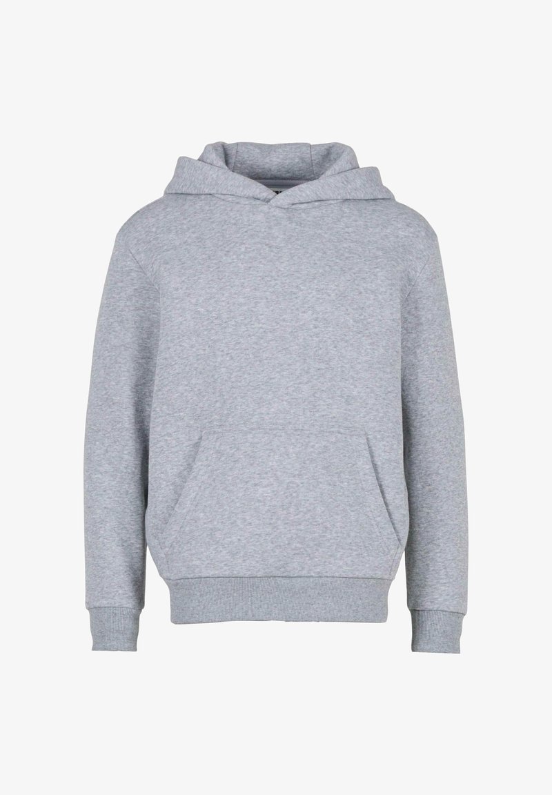 Hoodie à capuche gris clair avec poche kangourou à l'avant, manches et taille côtelées, présenté sur un fond blanc.